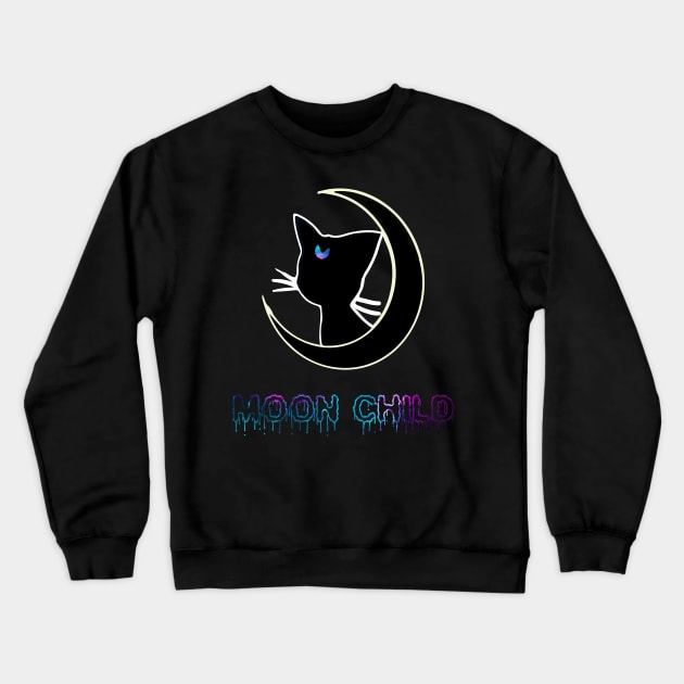 Moon Child Black Cat Galaxy Aesthetic Witchy Wiccan Pastel Gothic Boho Hipster Crewneck Sweatshirt by Prolifictees